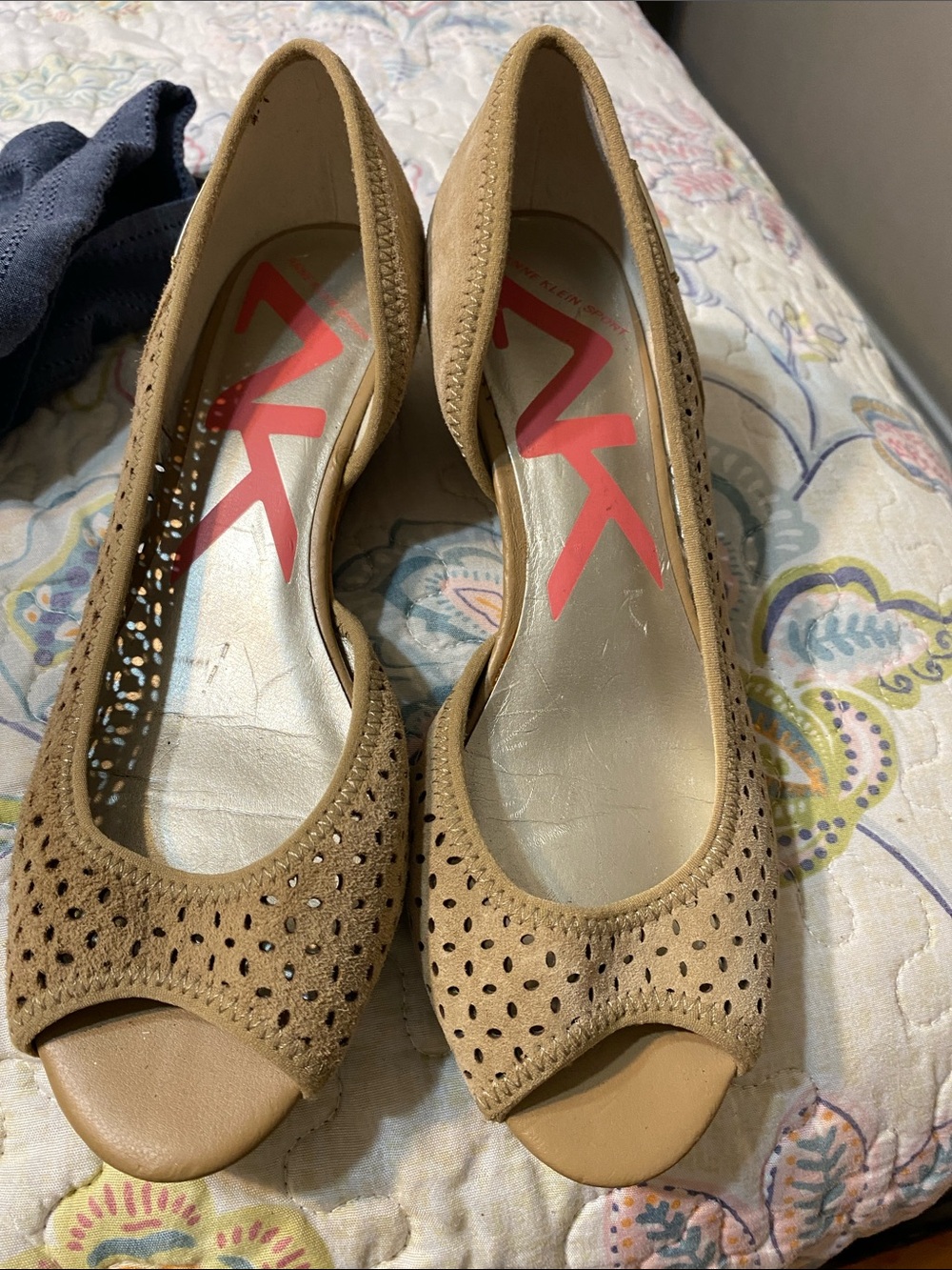 Anne Klein Sport Tan Perforated Peep-Toe Flats